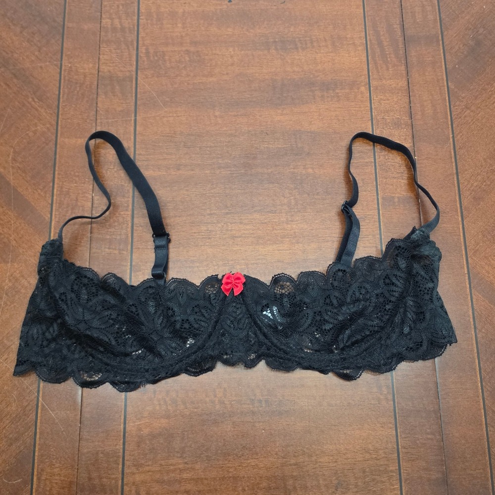 Escante Bra Women 38 Black Lace Unlined Underwire Bow Lingerie Floral Intimates